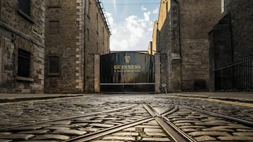 Una strada acciottolata che conduce a un grande cancello nero con il logo Guinness.