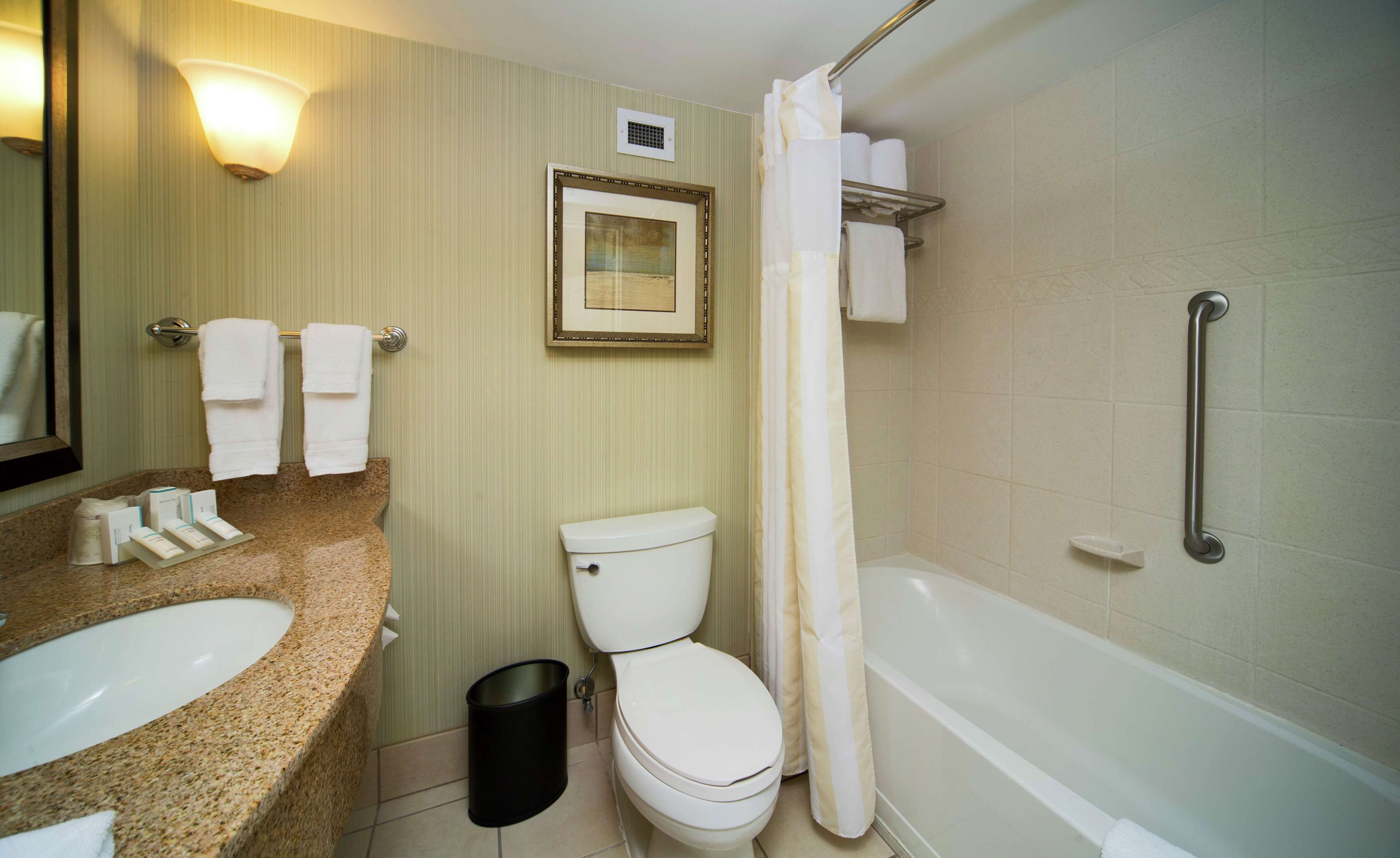 combined shower/bathtub, free toiletries, hair dryer, towels