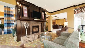 A spacious living area with a fireplace, comfortable seating, and a television. - Hilton Garden Inn Warner Robins (Warner Robins)