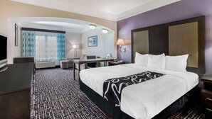 Habitación de hotel con una cama grande, un escritorio, una silla, un televisor y un baño con ducha e inodoro.