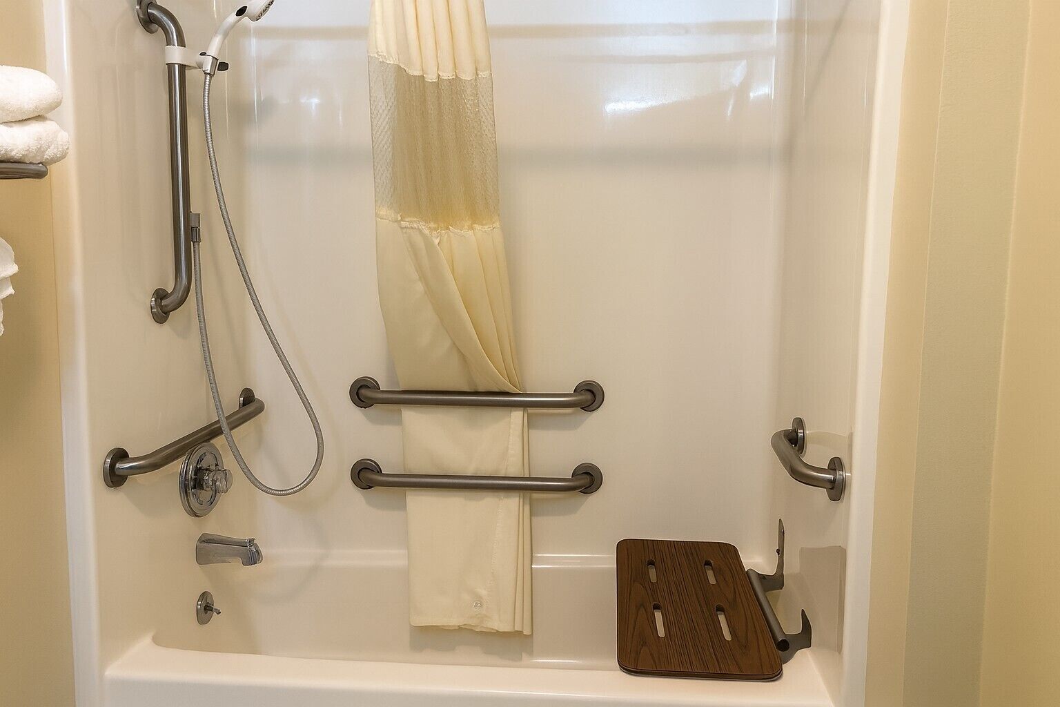 A bathroom with a bathtub, grab bars, a shower head, and a wooden bath mat.