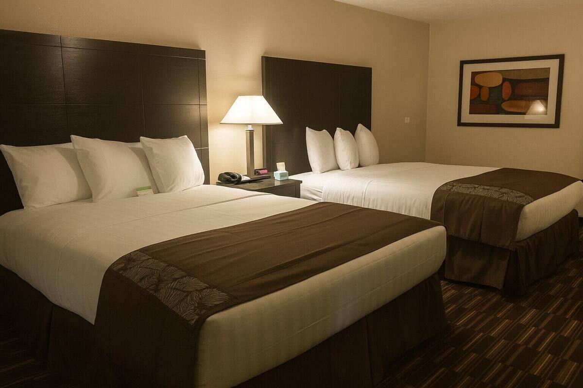 Ein Hotelzimmer mit zwei Betten, einem Nachttisch, einer Lampe und einem gerahmten Bild an der Wand.