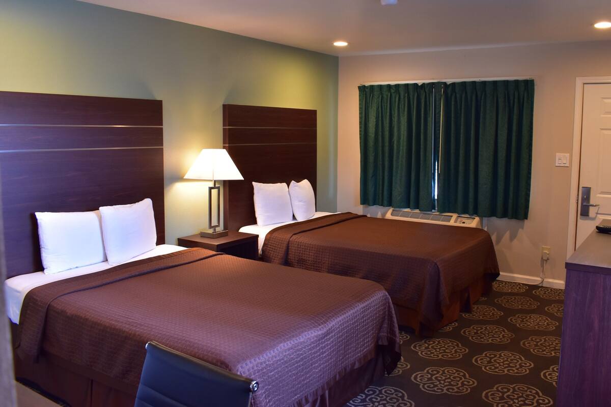 A hotel room with two beds, a nightstand with a lamp, a window with curtains, and a patterned carpet.