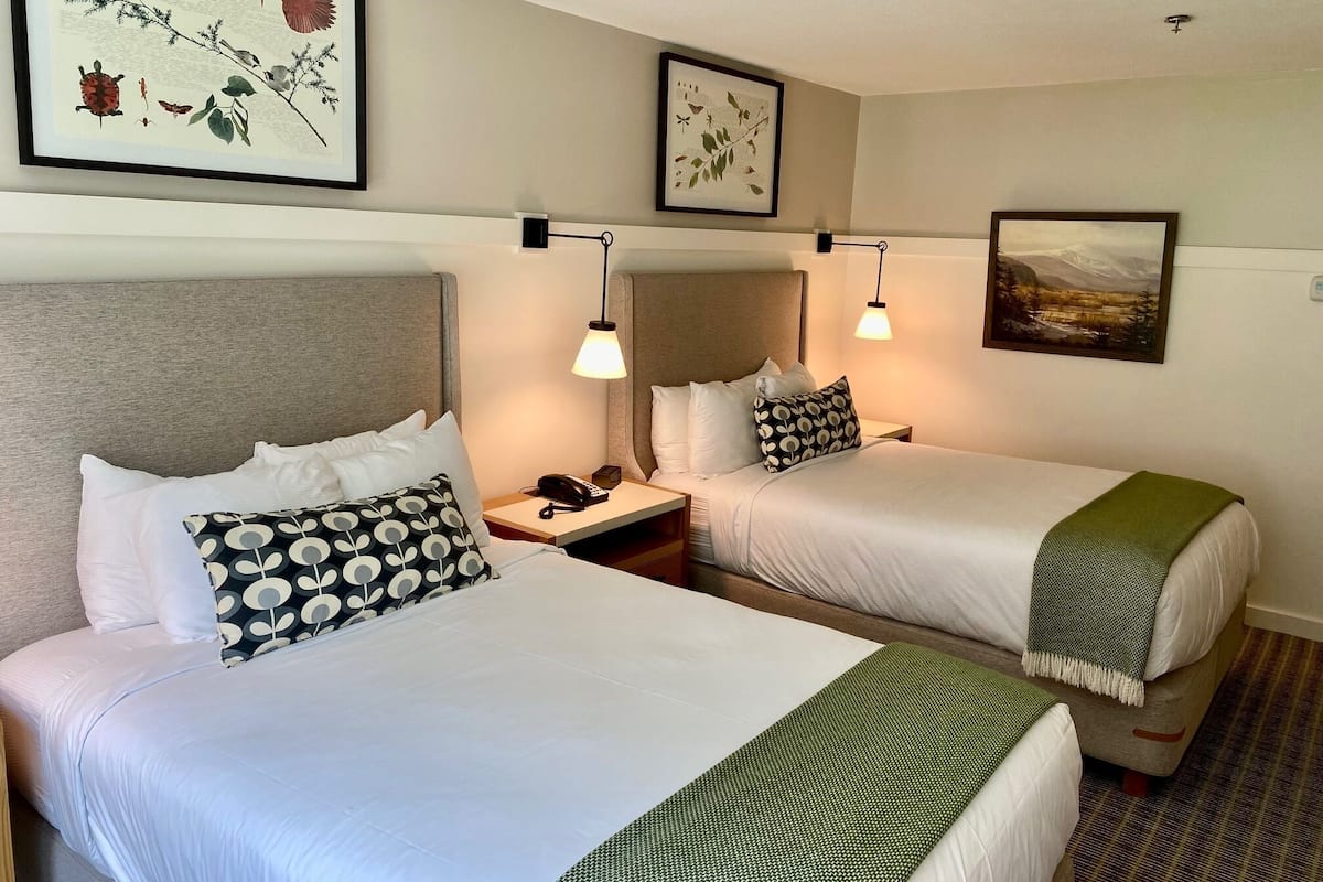 Une chambre d’hôtel avec deux lits, chacun agrémenté de draps blancs et d’oreillers à motifs. Des lampes murales et des reproductions encadrées de motifs botaniques sont disposées au-dessus des lits.
