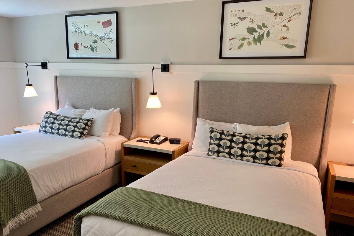 Une chambre d’hôtel avec deux lits, chacun doté d’une tête de lit, de tables de chevet et de lampes. Les murs sont ornés d’illustrations botaniques encadrées.