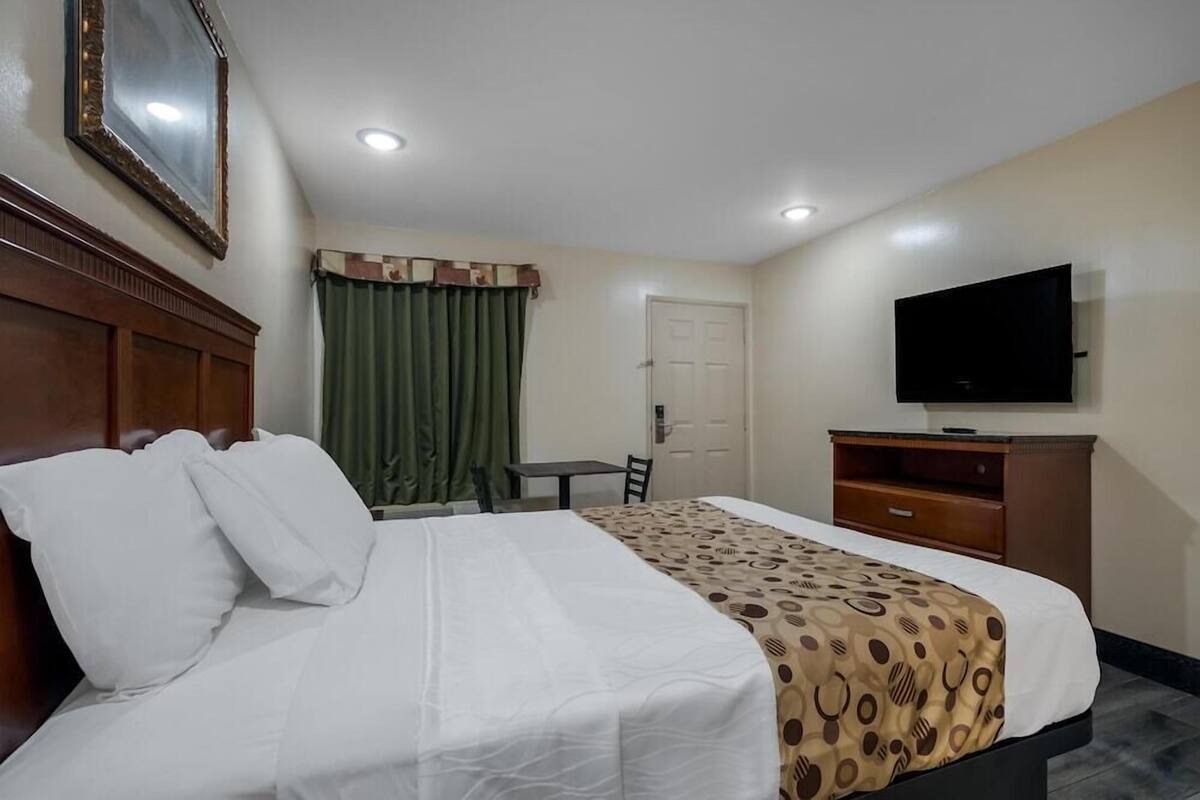 A hotel room with a bed, a television, a desk, and a chair.
