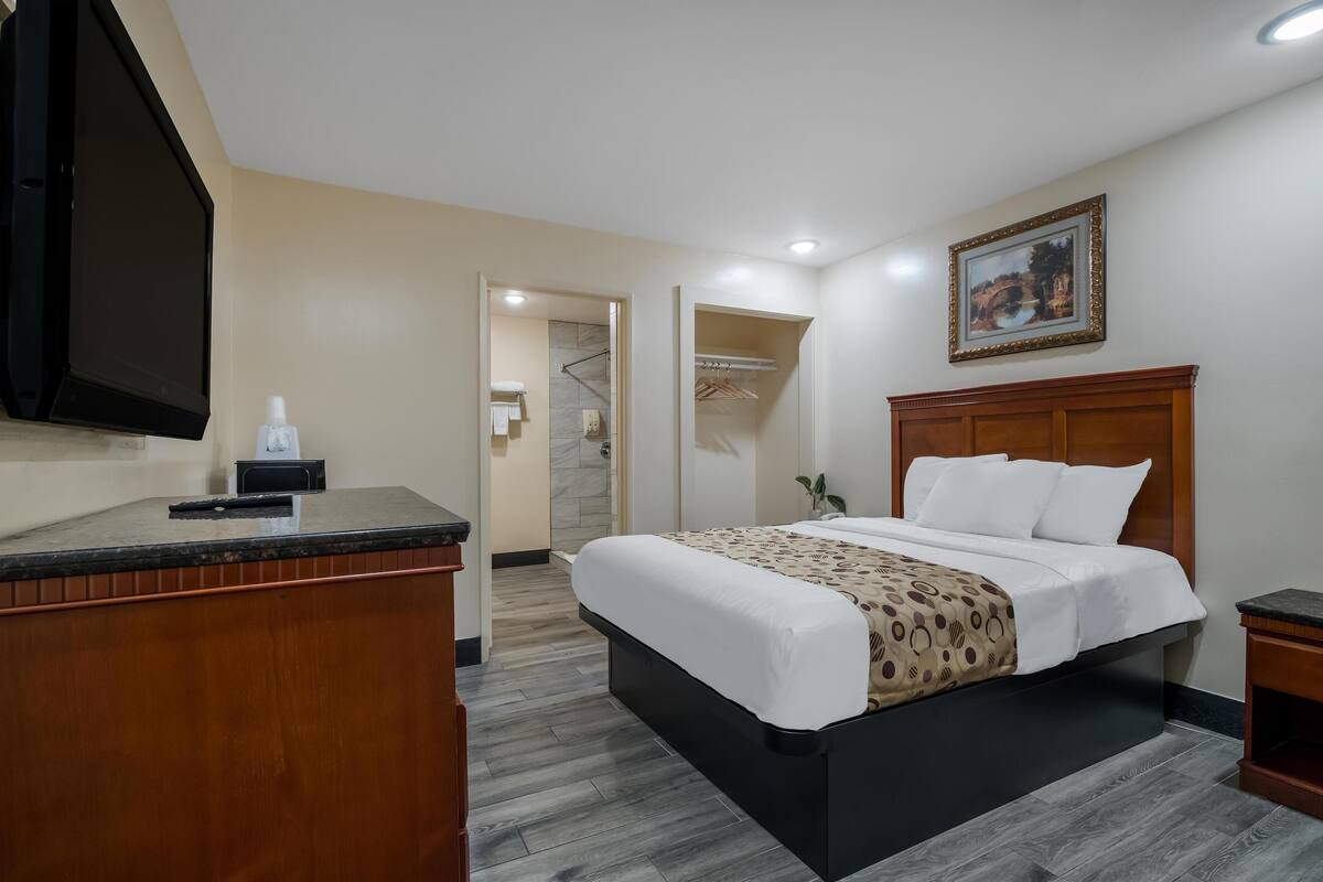 A hotel room with a bed, a desk, a TV, a shower area, and a painting on the wall.