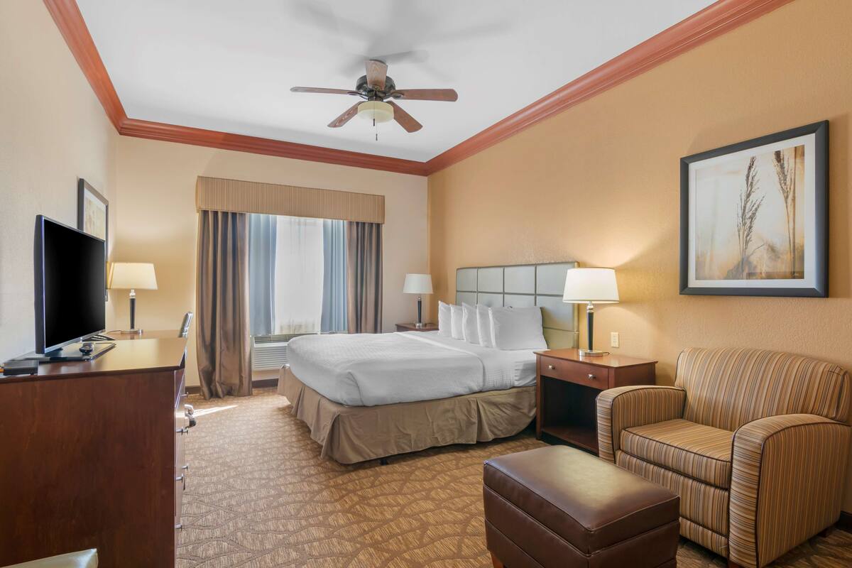 A hotel room with a bed, two bedside tables, a TV, a ceiling fan, a window with curtains, and a framed picture on the wall.