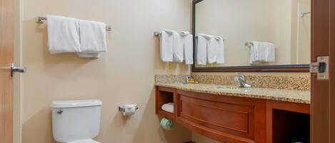 A bathroom with a toilet, sink, mirror, and towel rack.
