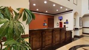 A reception area with a wooden reception desk, a television mounted on the wall, and a large potted plant. - Best Western Lone Star Inn (Edna)