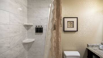 A bathroom with a shower, toilet, vanity, and a framed picture on the wall.