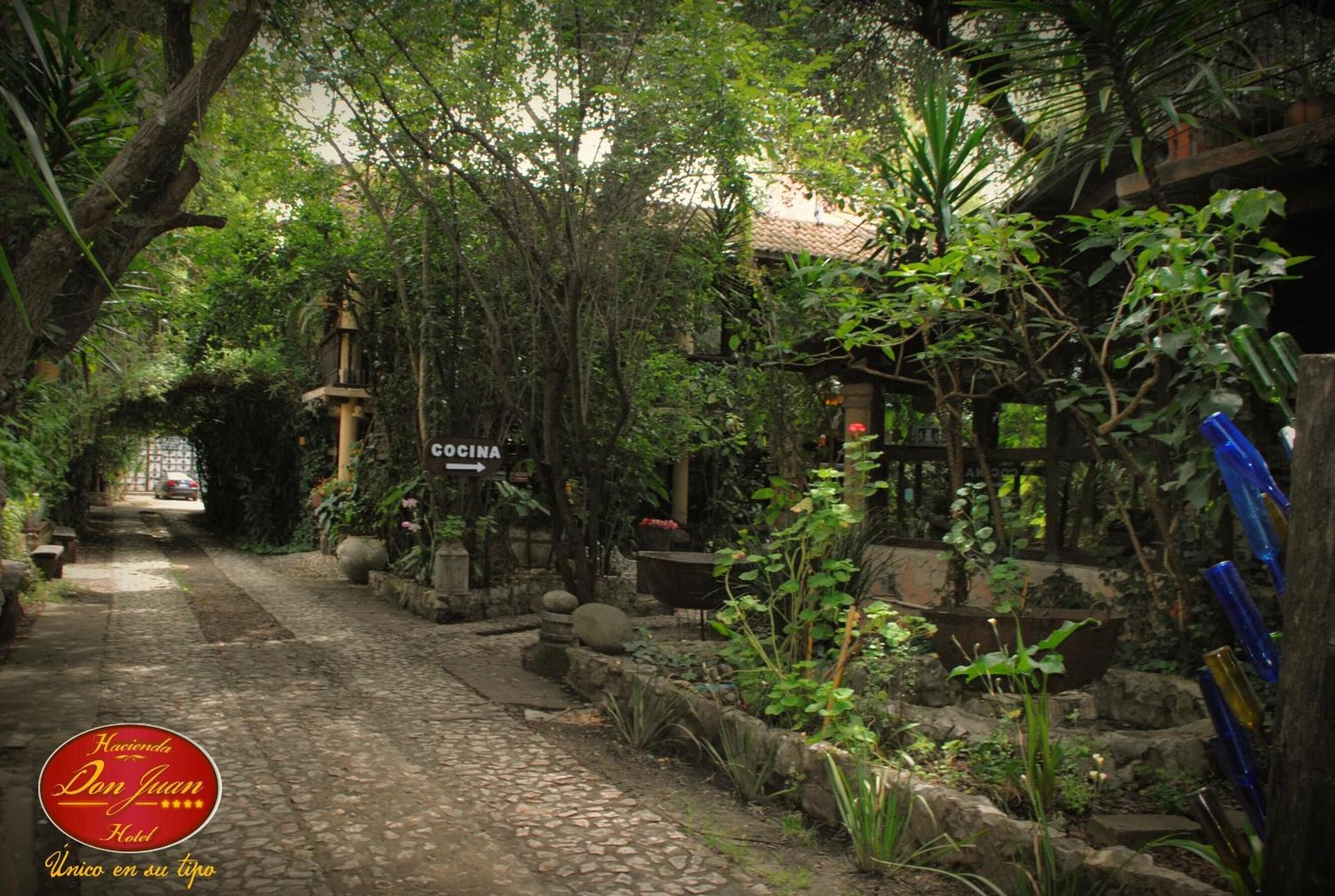 A cobblestone pathway leading to a rustic building with a sign for 'Cocina'.