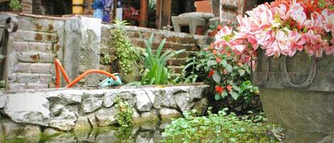 A koi pond with orange fish, surrounded by stone walls and potted plants.