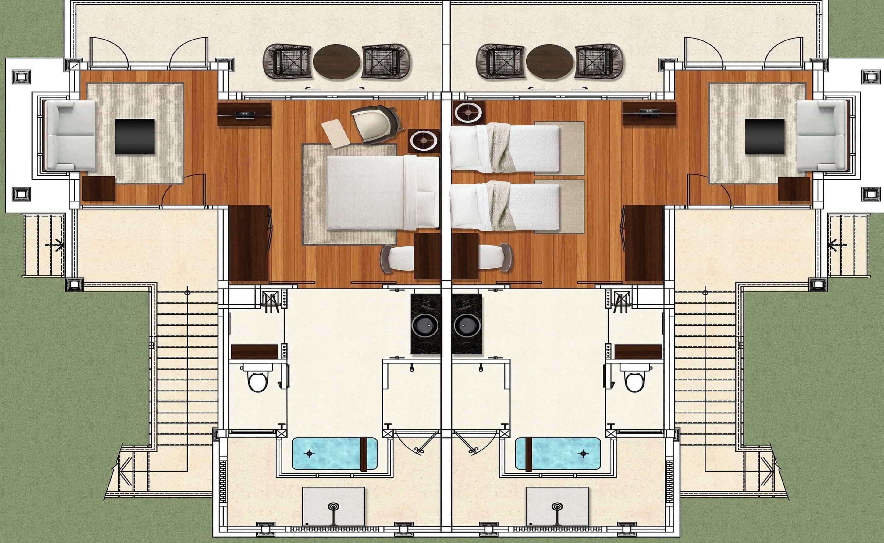 A floor plan of a hotel with two bedrooms, a bathroom, a kitchen, and a pool area.