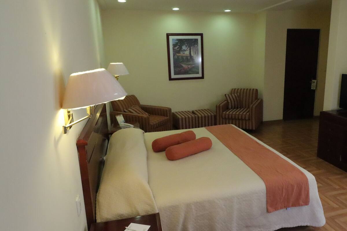 Habitación de hotel con cama, dos sillas, un televisor y un cuadro en la pared.