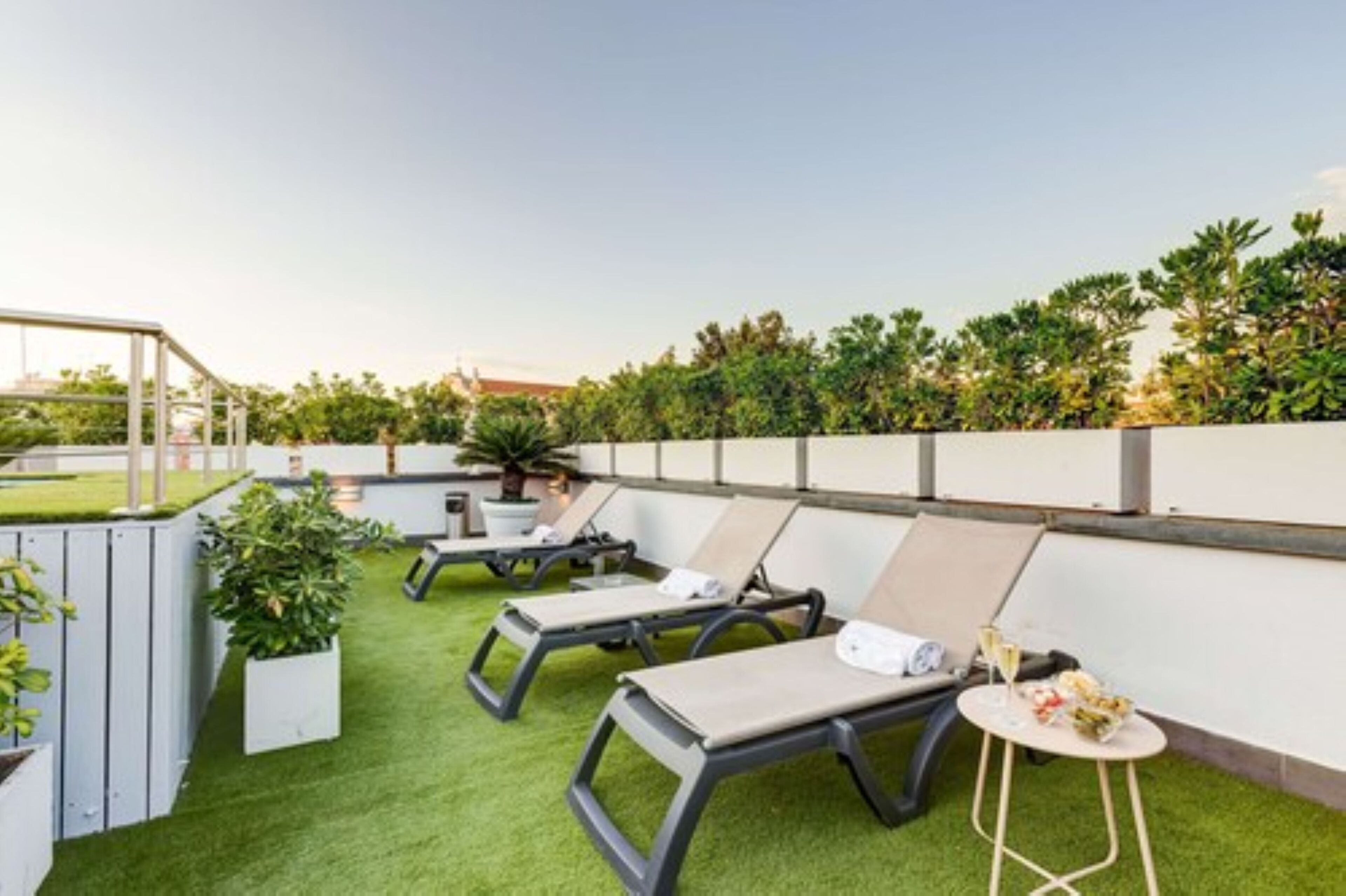 A rooftop lounge area with sun loungers, a small table with drinks, and a white wall with greenery.