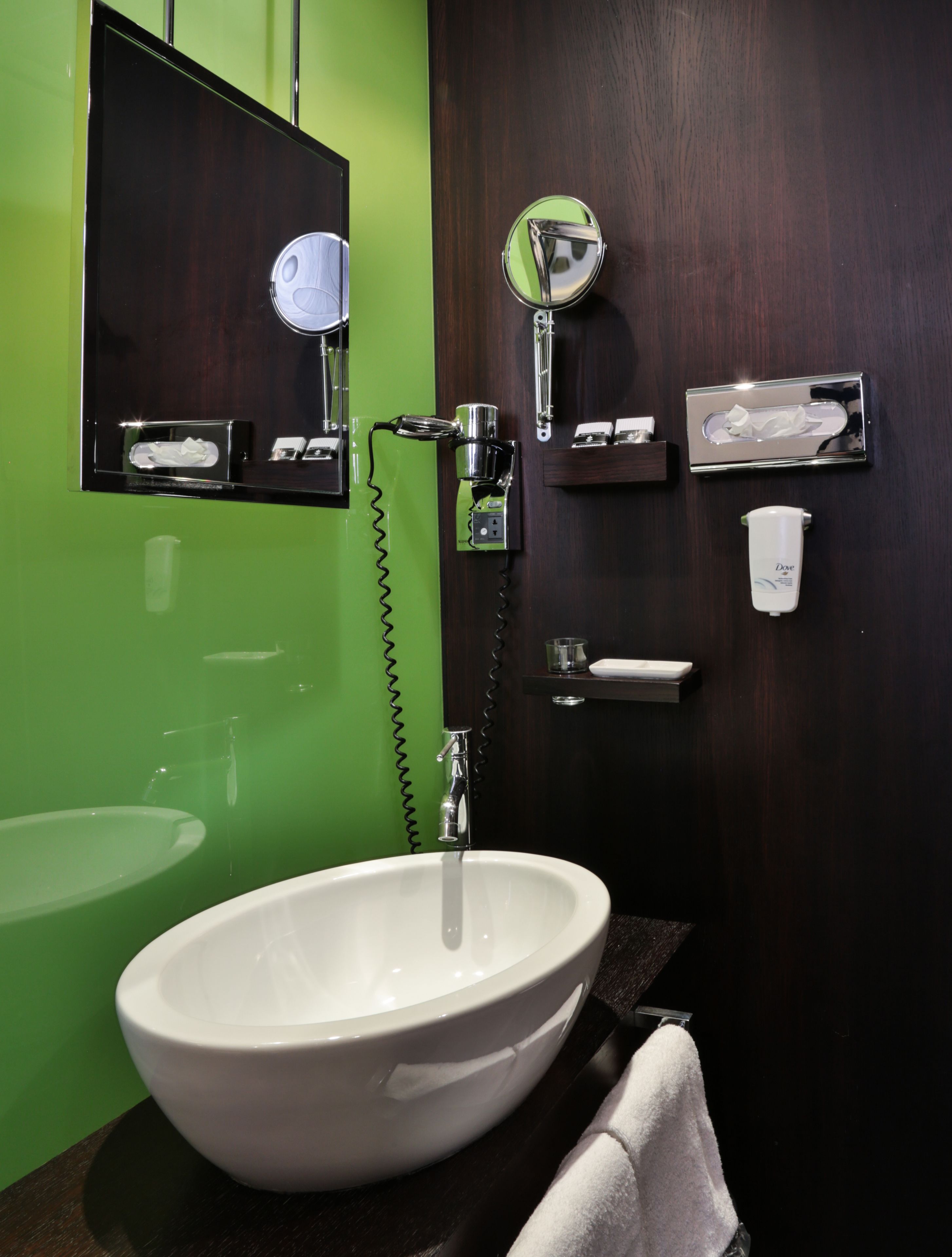 A bathroom with a white sink, green walls, a mirror, a handheld showerhead, a towel, and a soap dispenser.