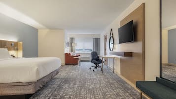 Una camera d'albergo con un letto, una scrivania, una sedia, una TV e un'ampia finestra.