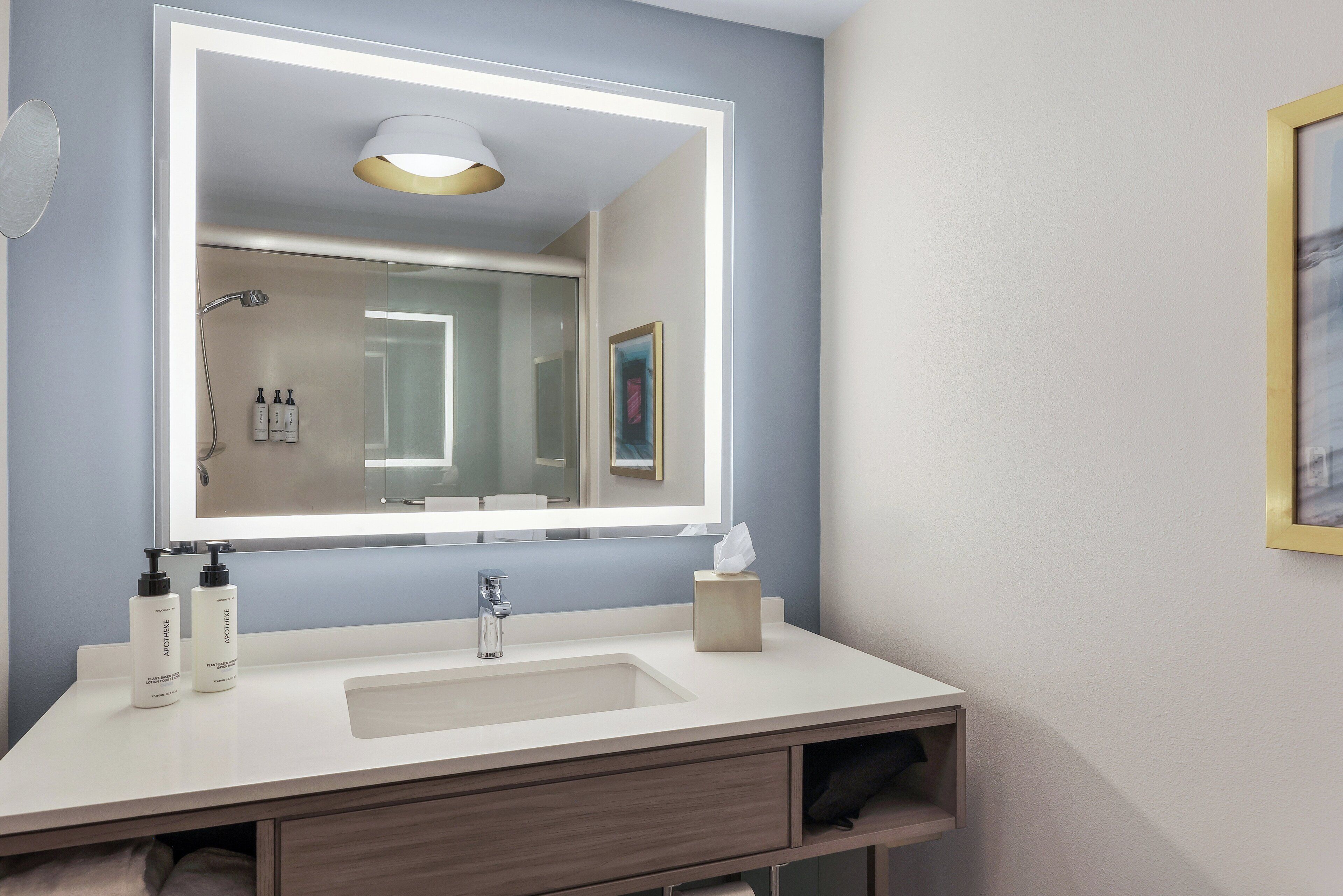 Une salle de bain avec un grand miroir, un lavabo et deux bouteilles de shampoing.