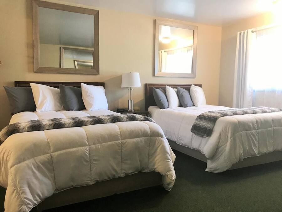 Two queen beds with matching headboards, a bedside table with a lamp, a large mirror above the beds, and a window with curtains.
