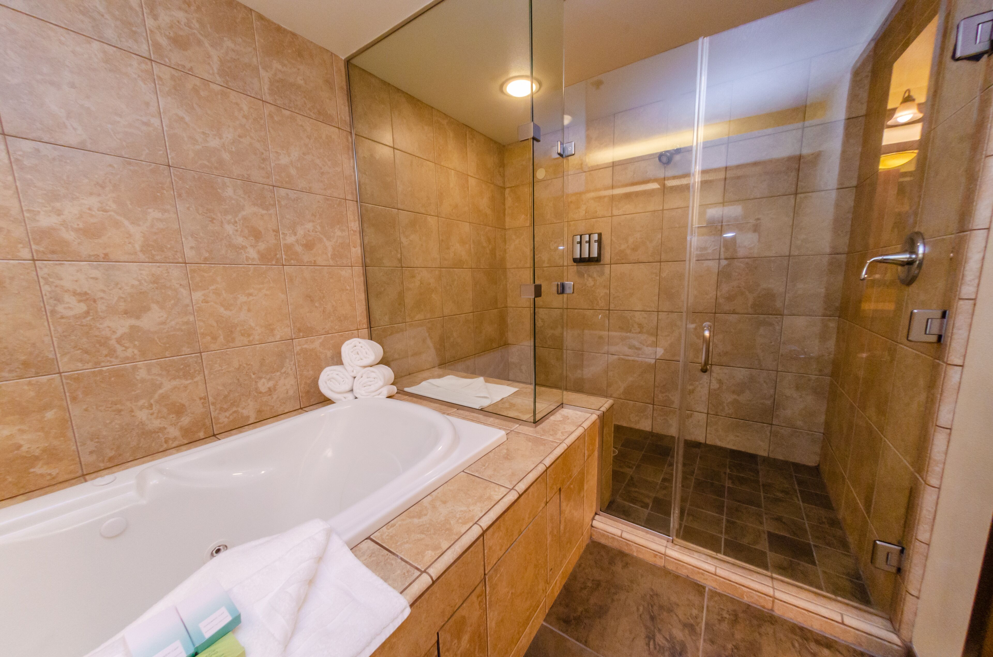 studio suite | bathroom | combined shower/bathtub, free toiletries, hair dryer, towels
