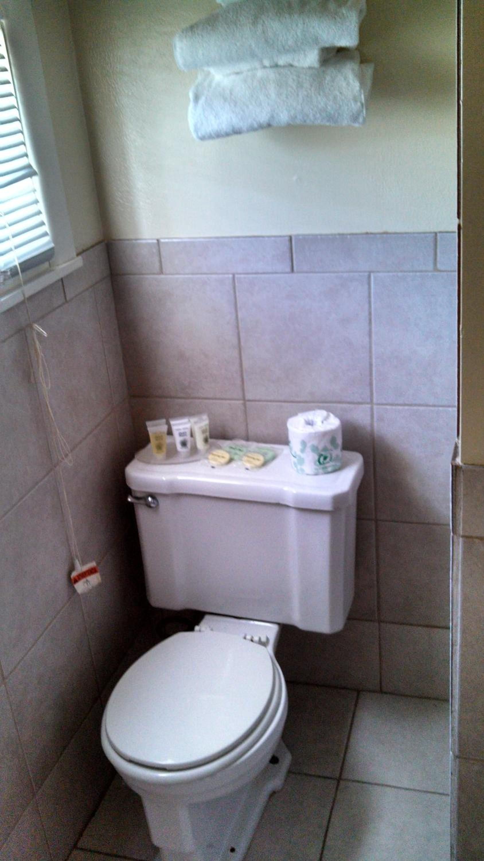A small bathroom with a toilet, a shelf with toiletries, and a towel rack above the toilet.