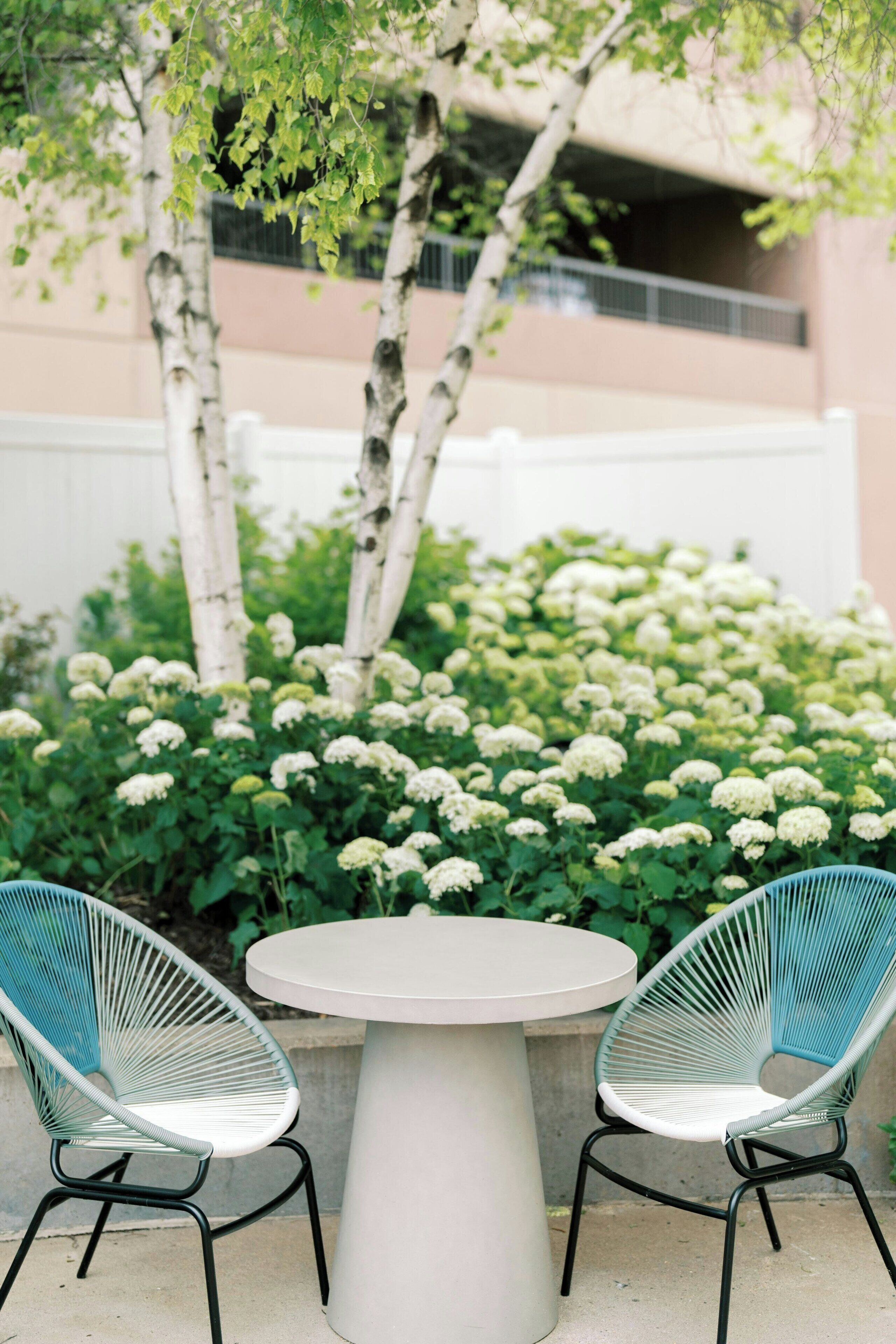 Une table ronde, entourée de deux chaises, de fleurs blanches et de bouleaux.