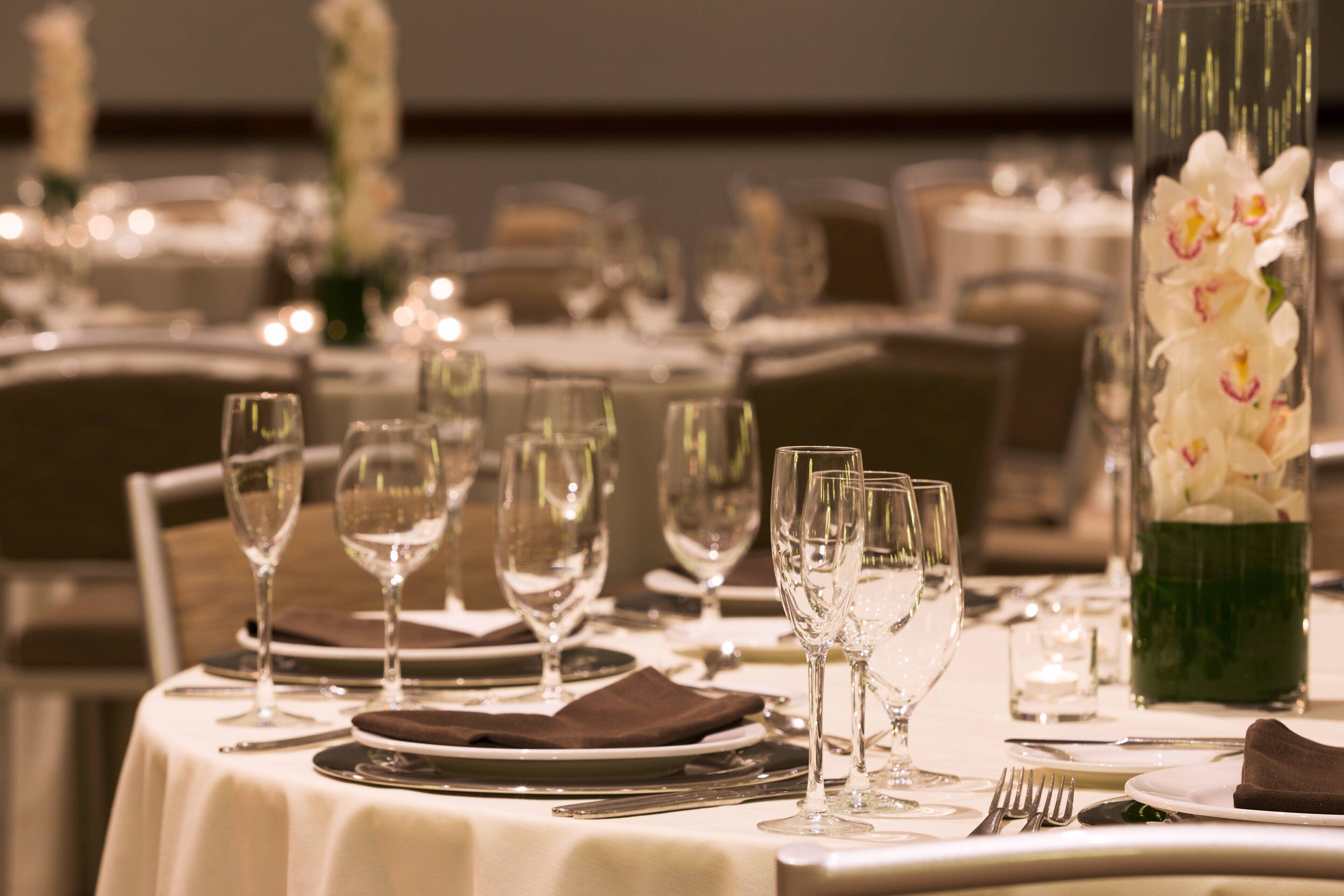 A dining table set with multiple wine glasses, plates, and cutlery, with a vase of flowers on the table.