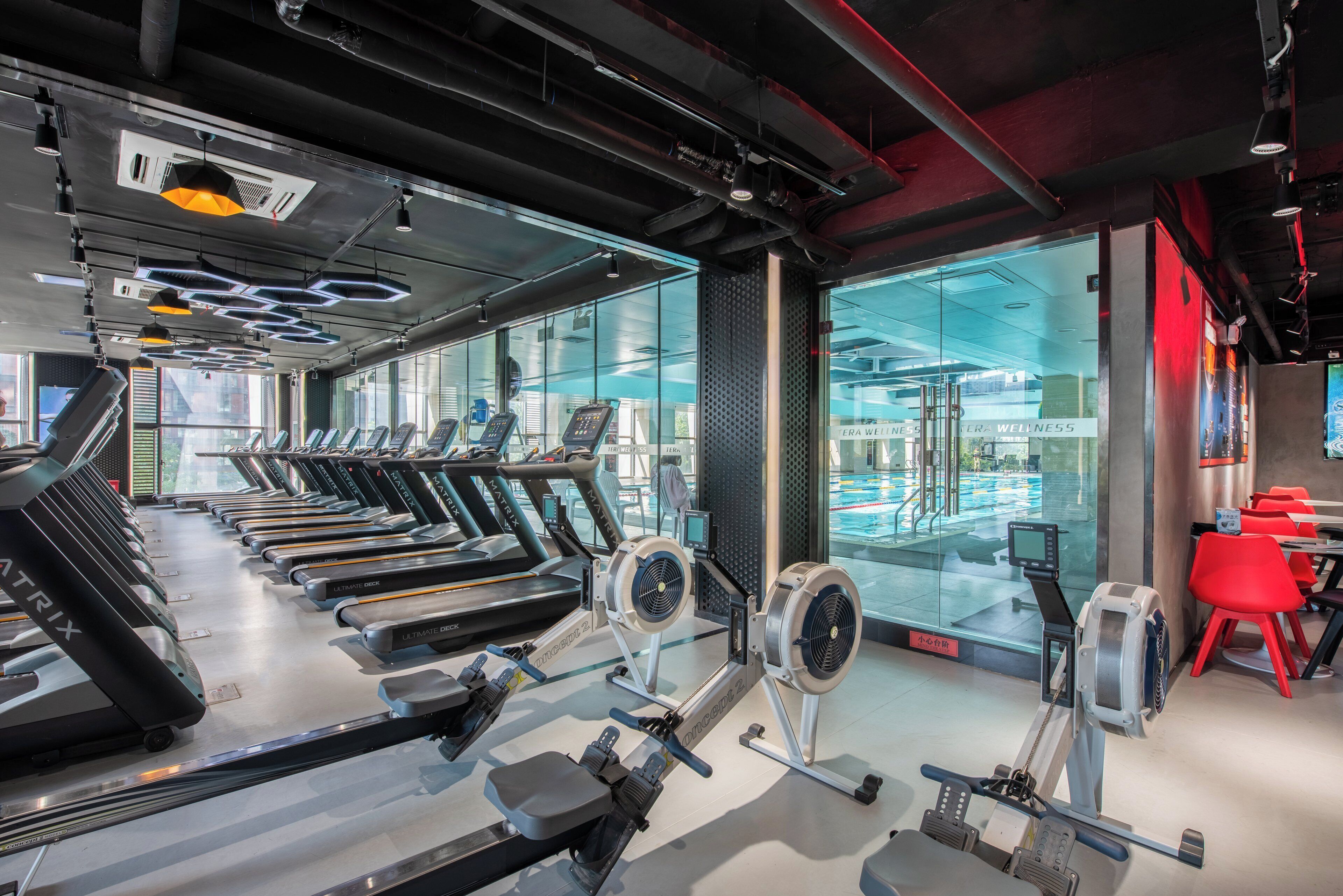 A gym with treadmills, rowing machines, and a view of a swimming pool through large windows.