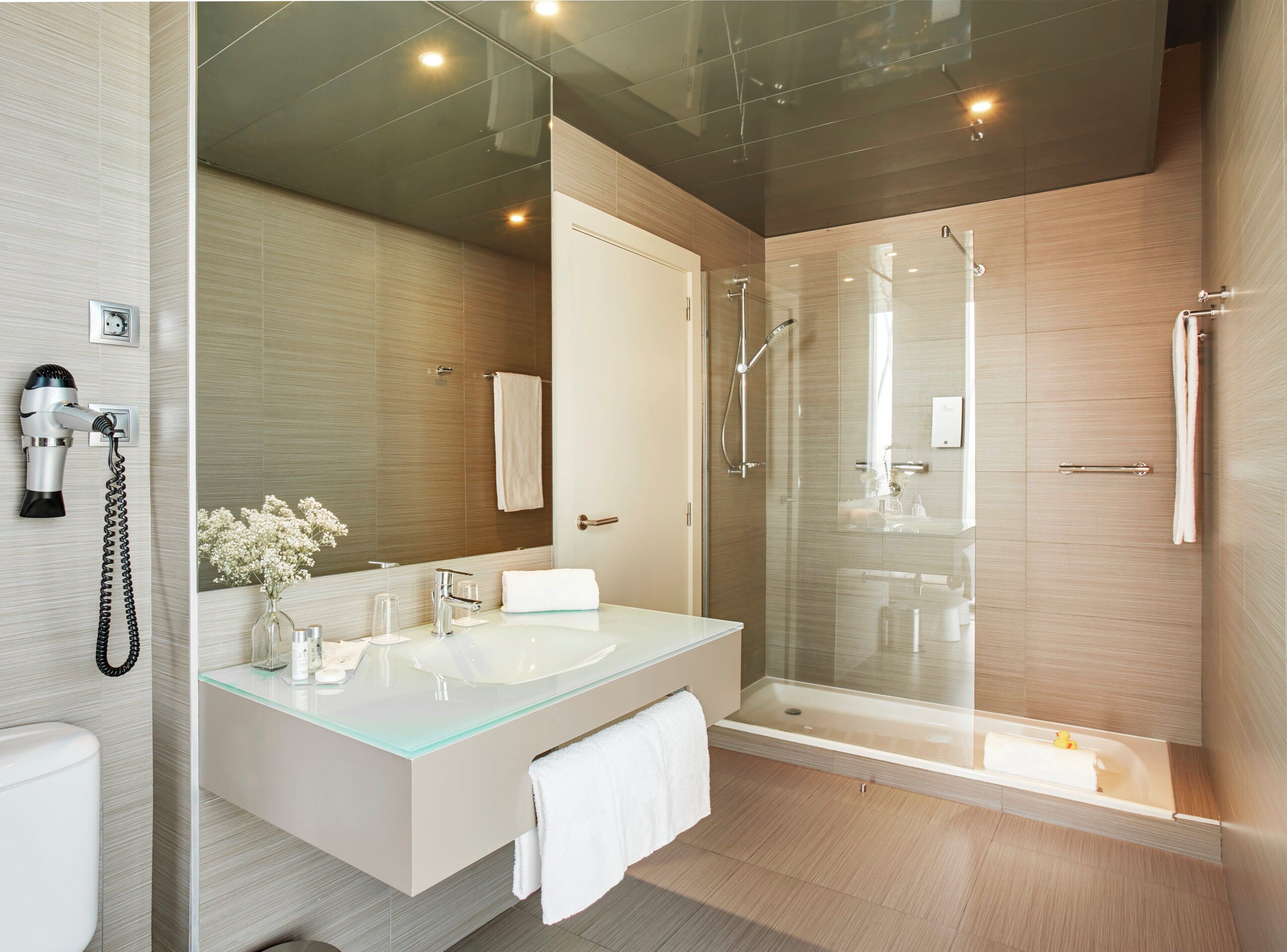 free toiletries, hair dryer, towels