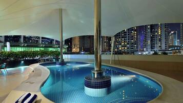 Indoor pool, outdoor pool, pool loungers