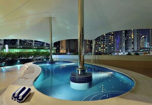 Indoor pool, outdoor pool, pool loungers