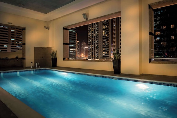 Indoor pool, outdoor pool, pool loungers