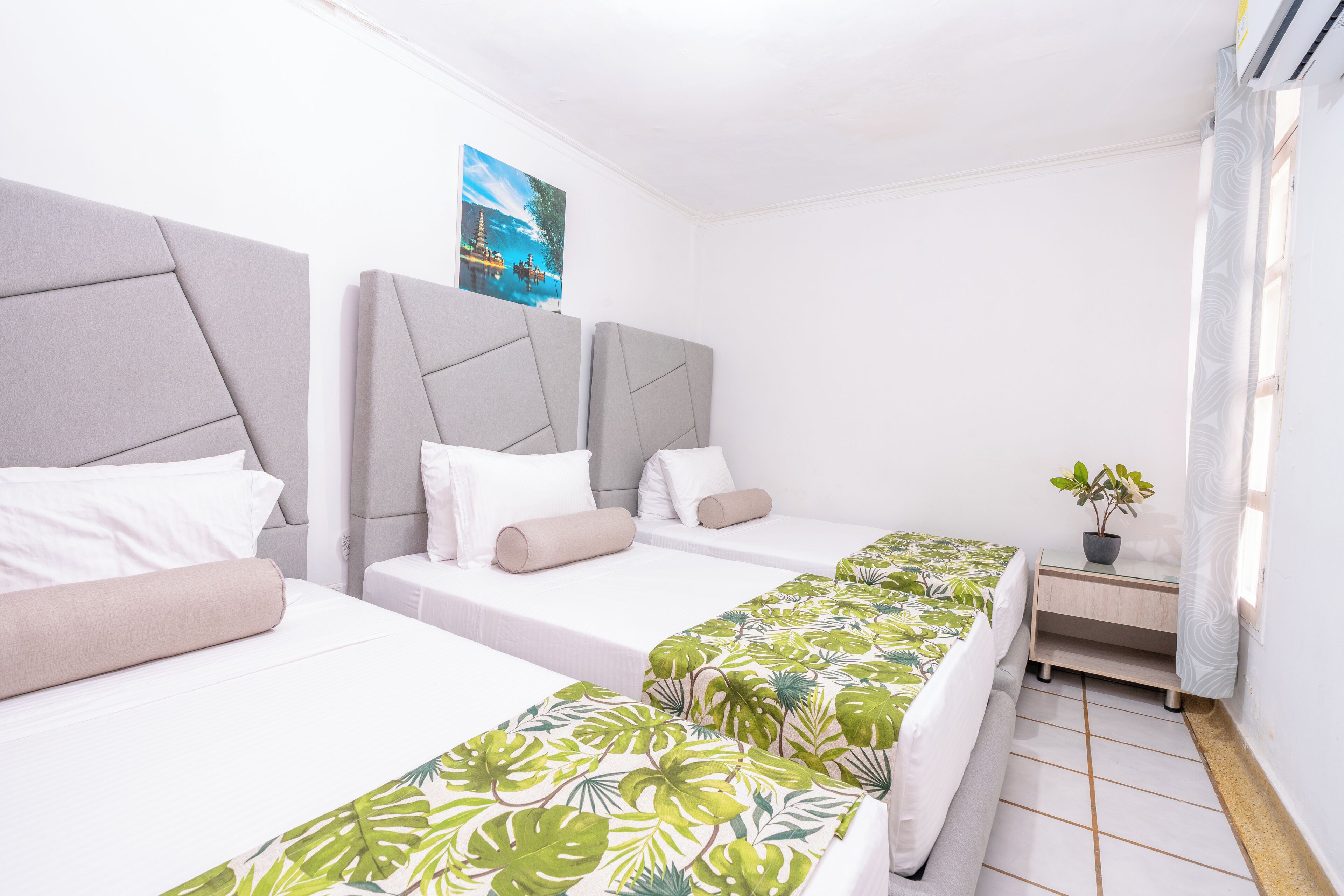 Habitación de hotel con tres camas, un escritorio pequeño y una planta en maceta.