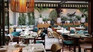 A restaurant with round tables, green upholstered chairs, and potted plants.