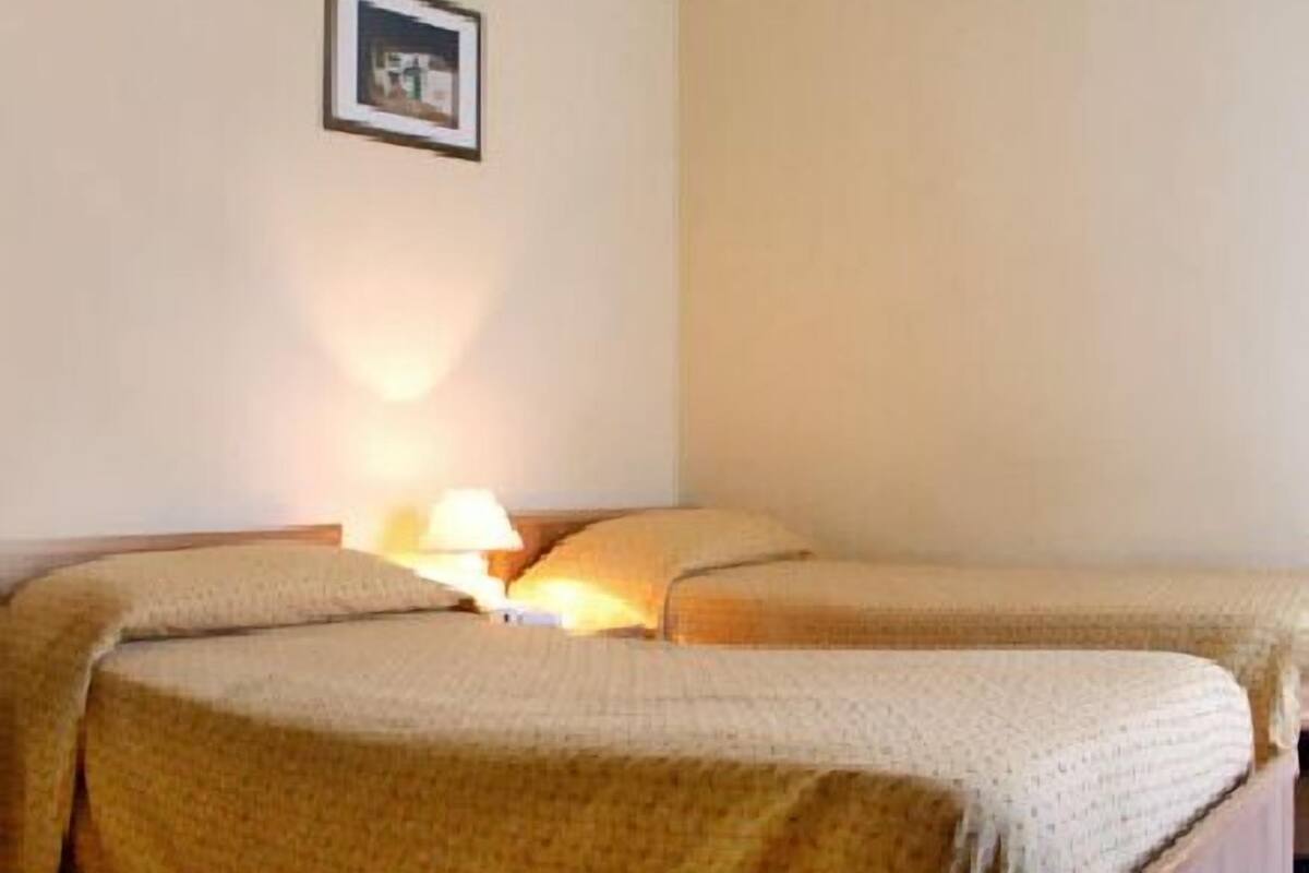 A room with two single beds, a bedside table with a lamp, and a framed picture on the wall.