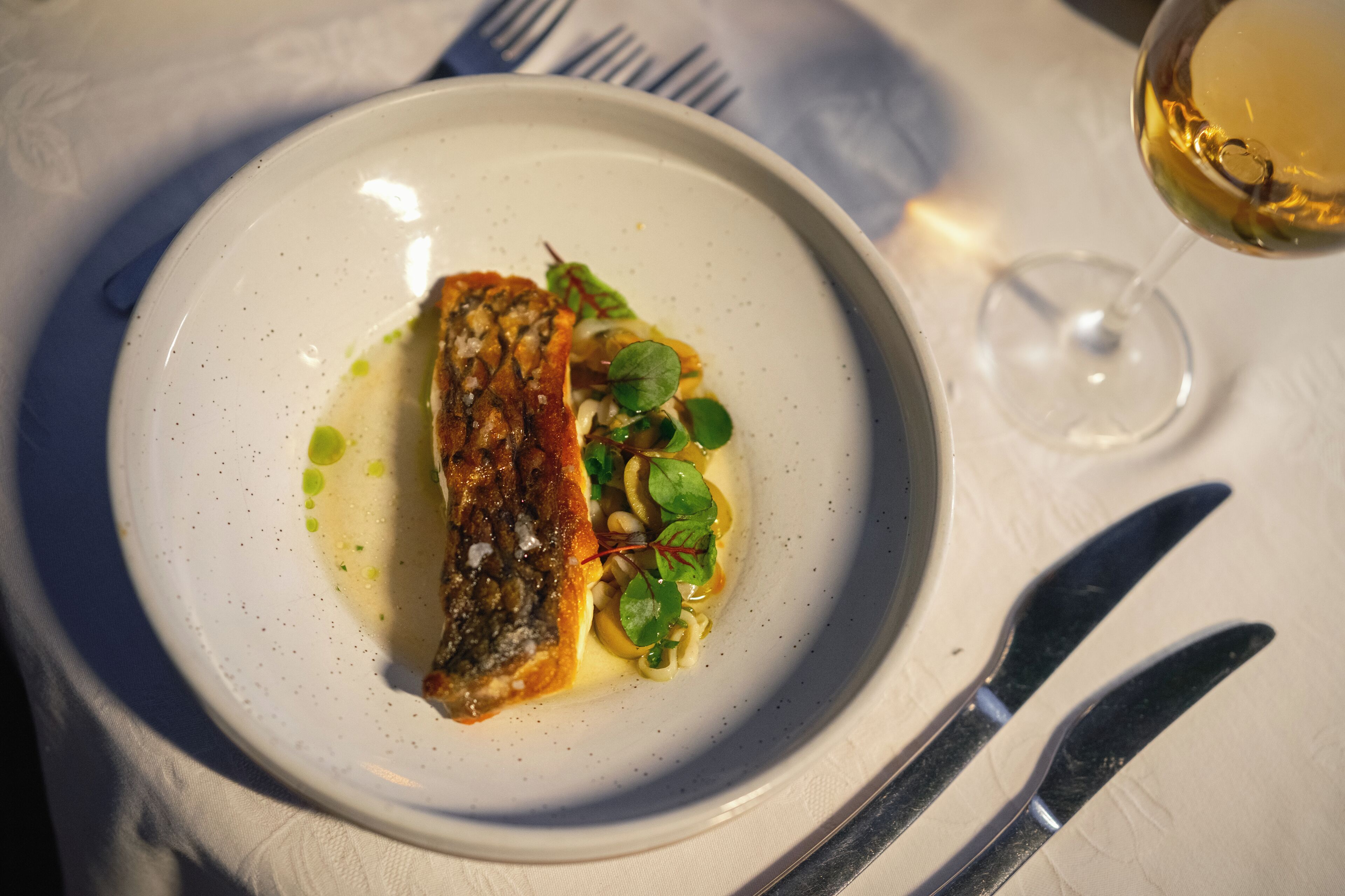 A plate with a fish dish and a glass of white wine on a table.