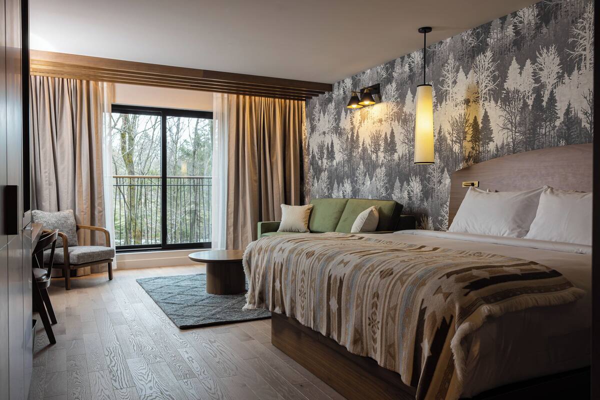Un dormitorio moderno con una cama grande, un sofá verde, piso de madera y vista a árboles por la ventana.
