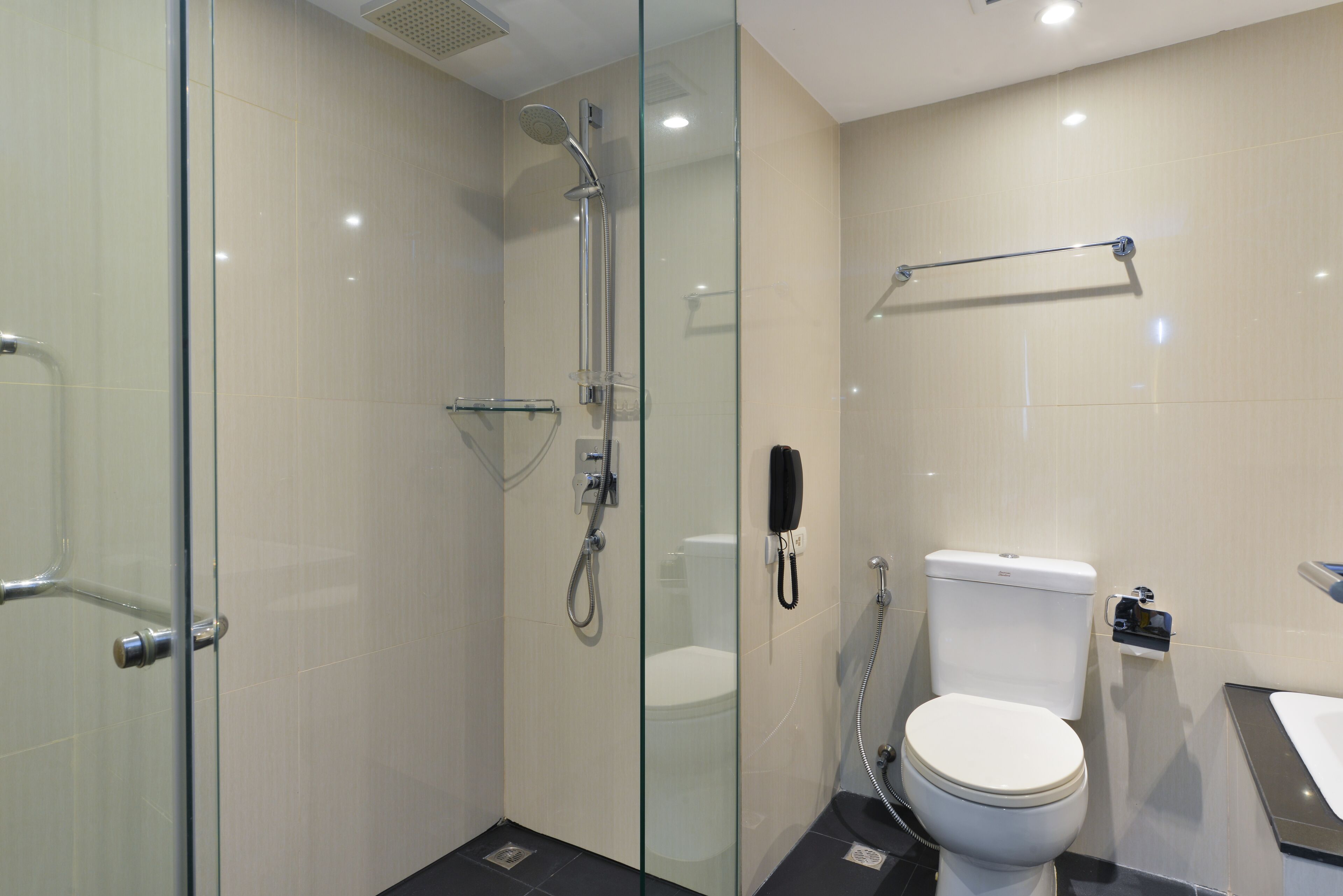 A modern bathroom with a glass-enclosed shower, a toilet, and a sink.