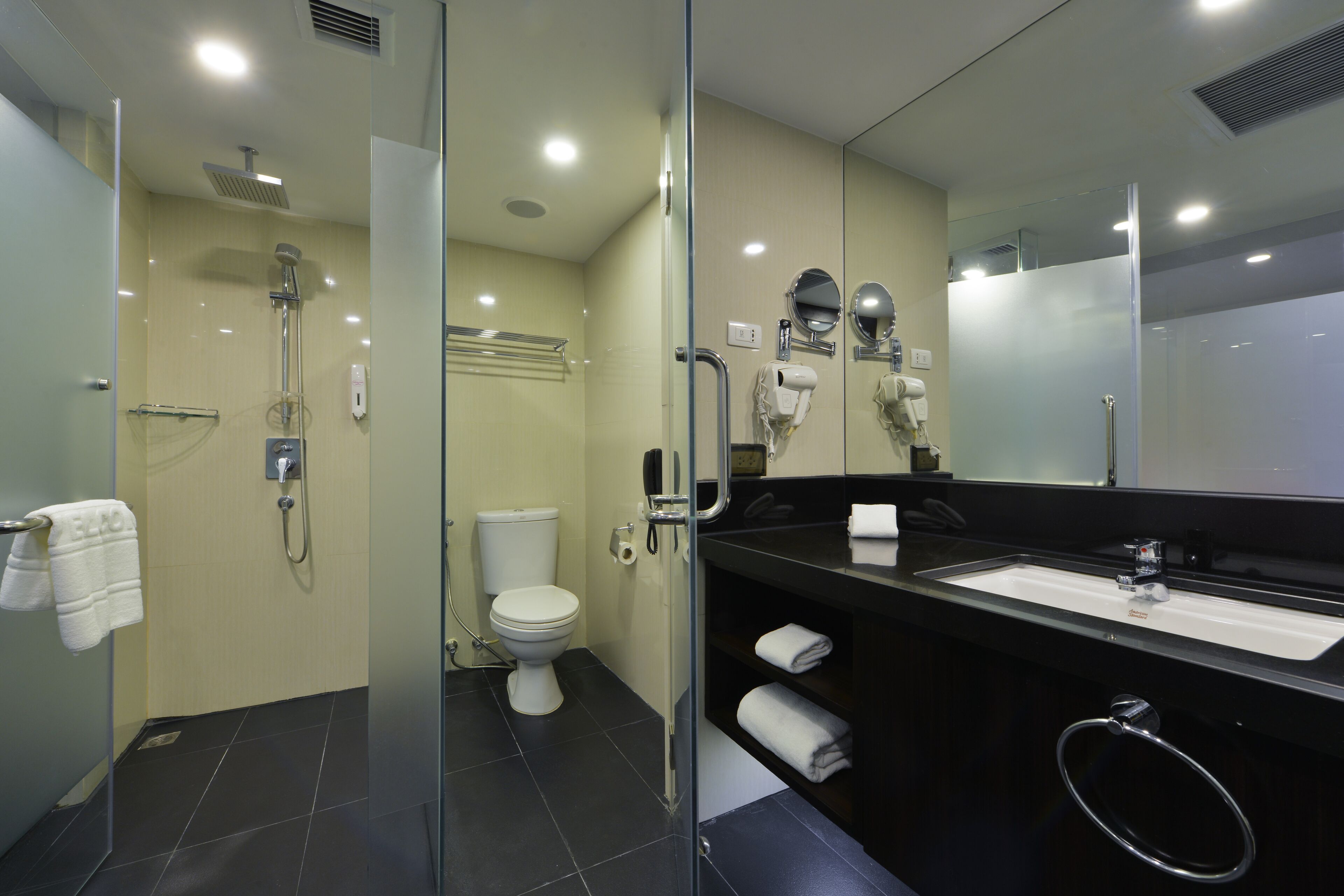 bathtub, free toiletries, hair dryer, towels