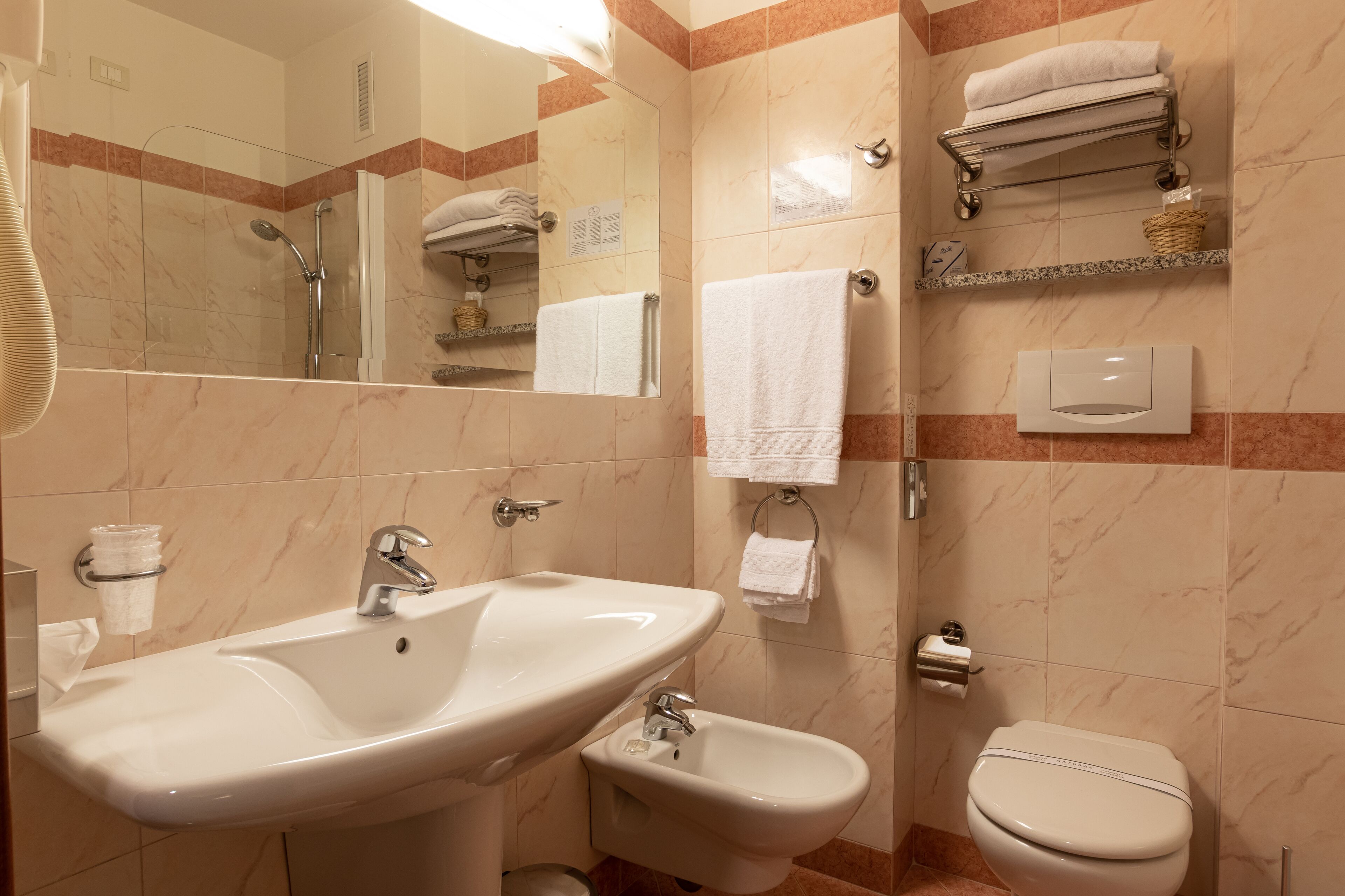 combined shower/bathtub, hair dryer, bidet, towels