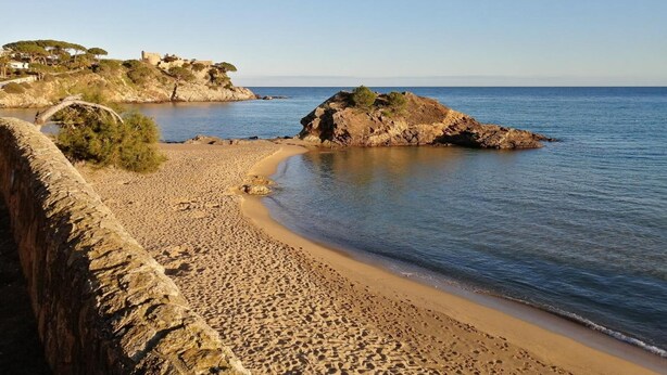 A beach with a stone wall, clear blue water, and rocky outcrops. - Hotel Ancora (Palamós)
