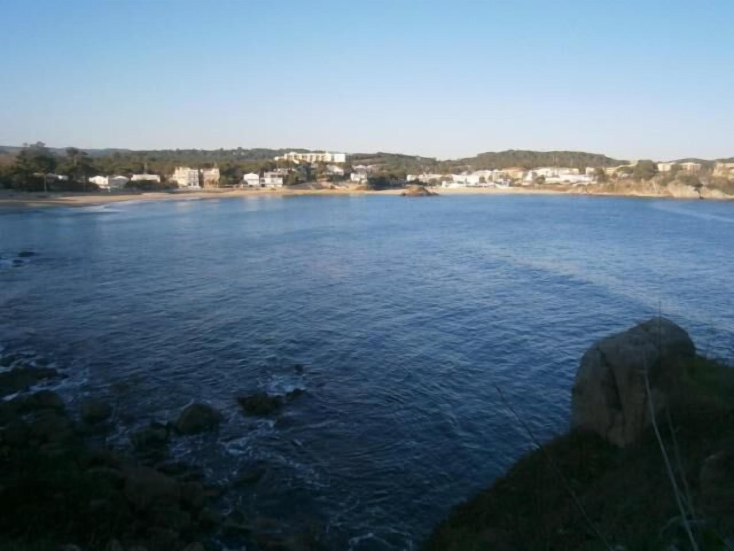 A coastal view with a calm sea, rocky shoreline, and buildings in the background.