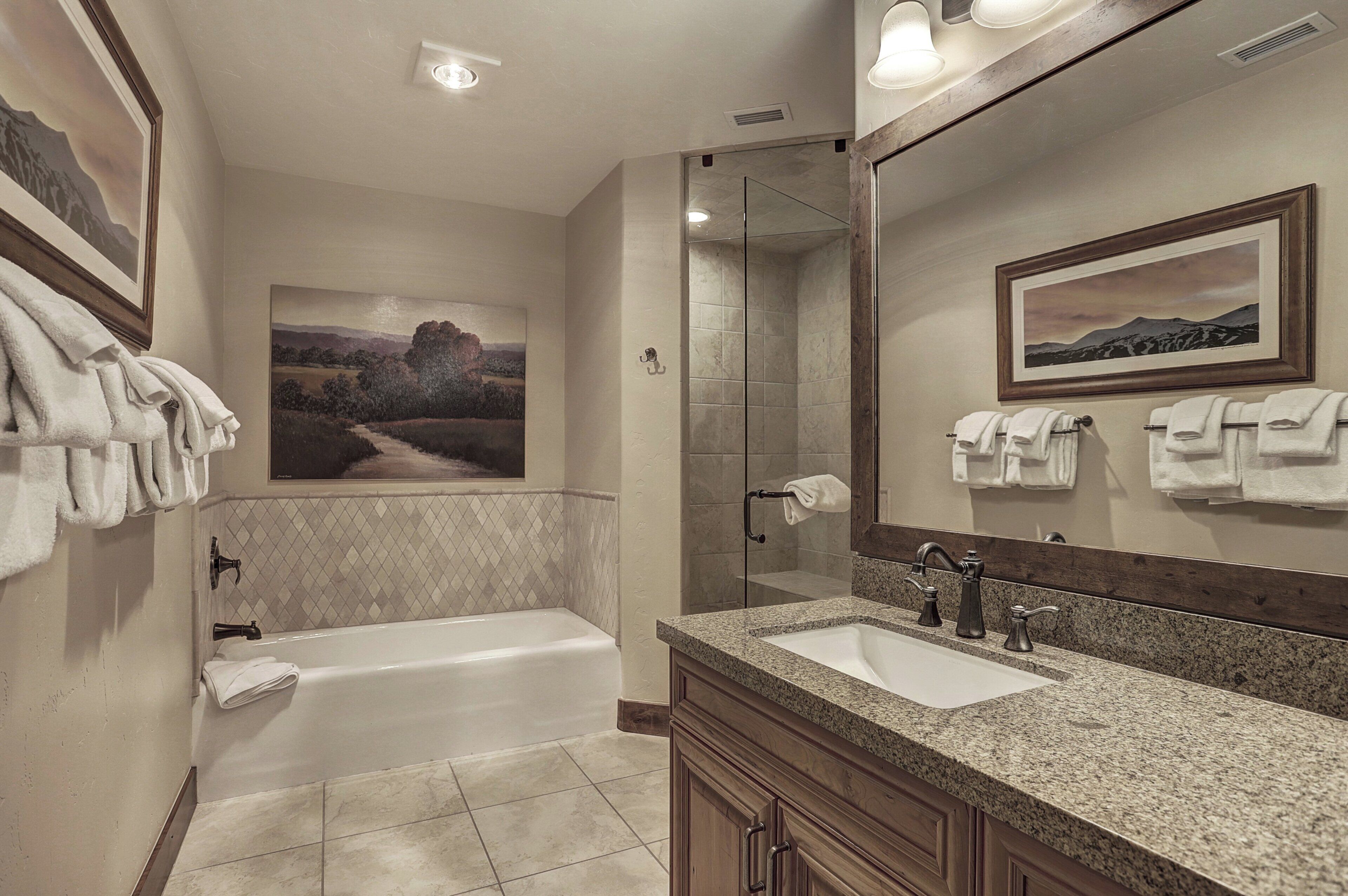 Un baño moderno con bañera, un espejo grande y encimera de granito.