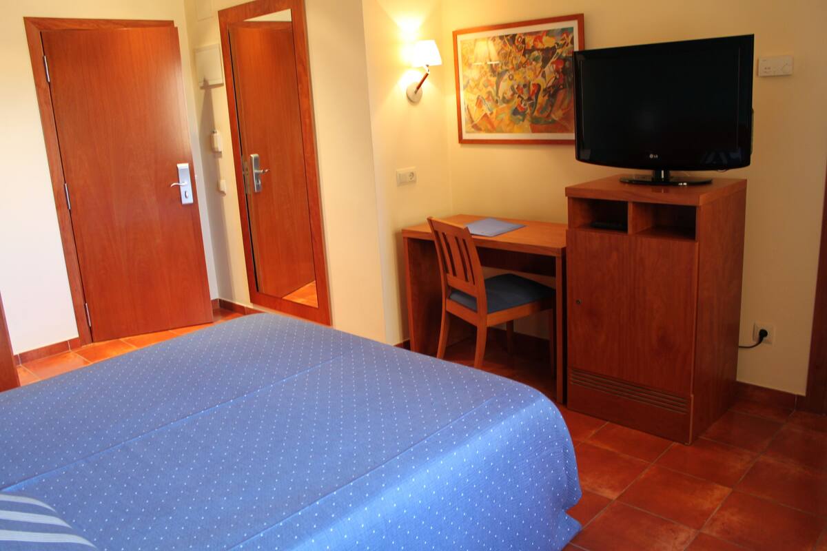 Une chambre d’hôtel avec un lit, un bureau, une chaise, une télévision et un tableau au mur.