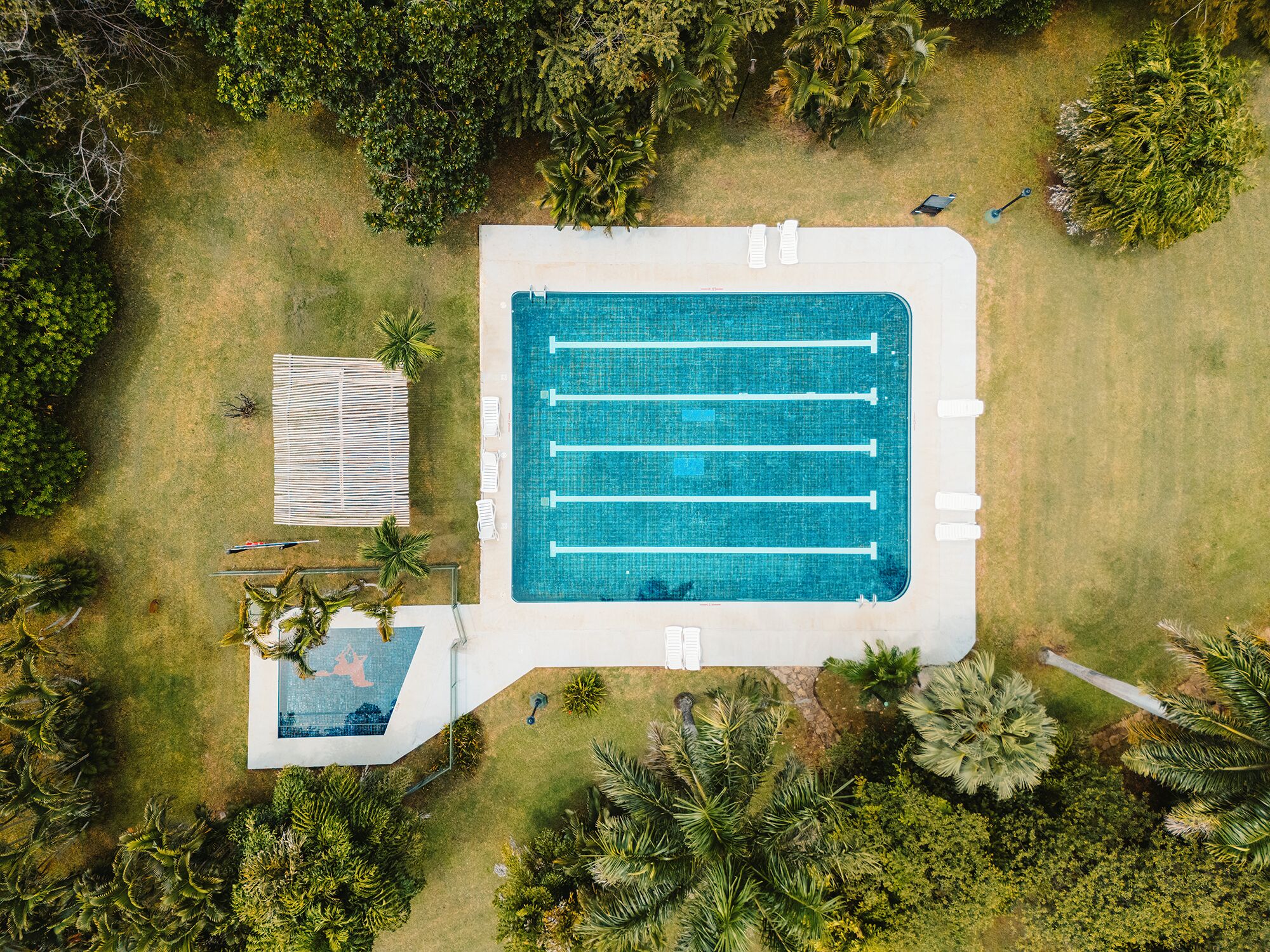 An aerial view of a rectangular swimming pool with a deck area, surrounded by lush greenery and palm trees.