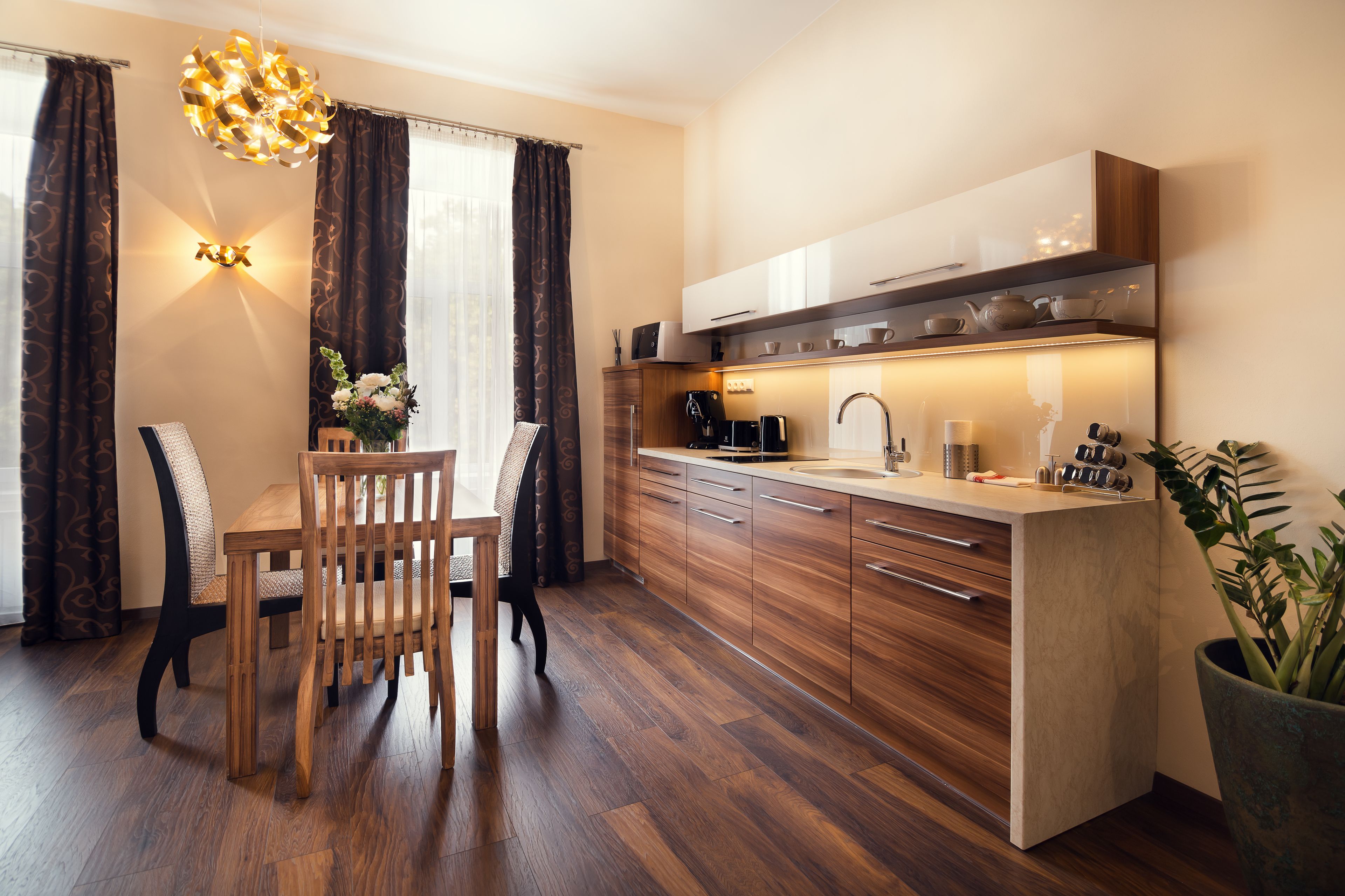 Apartamento Deluxe, sauna (private sauna) | Cocina privada | Frigorífico, microondas, cafetera o tetera y hervidor eléctrico
