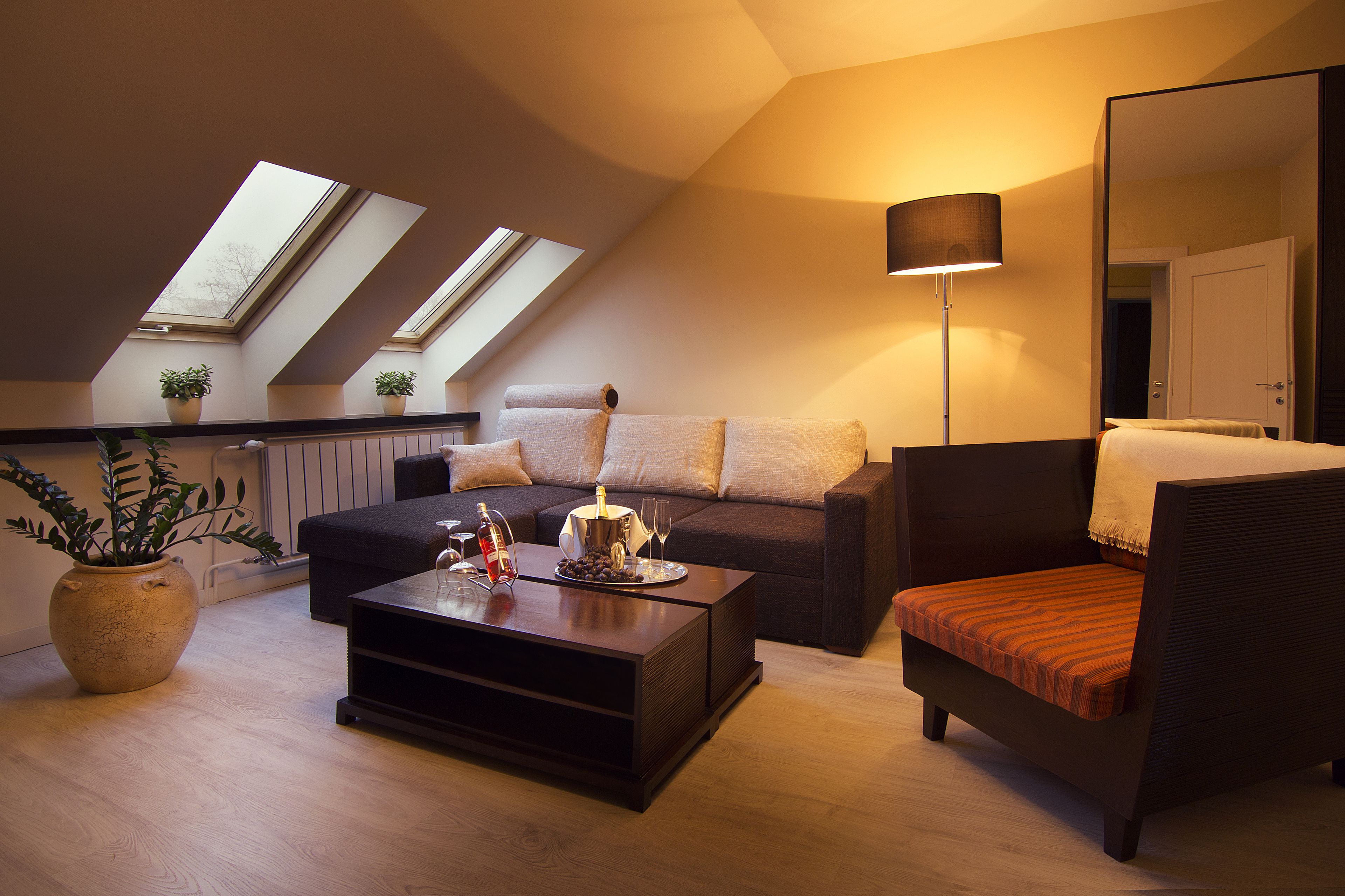Un salon moderne avec un canapé foncé, une table basse en bois et un lampadaire. Le plafond est doté de deux lucarnes et un grand miroir orne le mur.