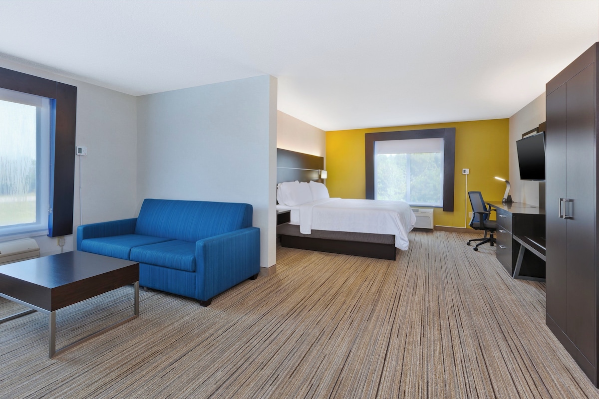 Habitación de hotel con cama, sofá azul, escritorio, televisor y armario.