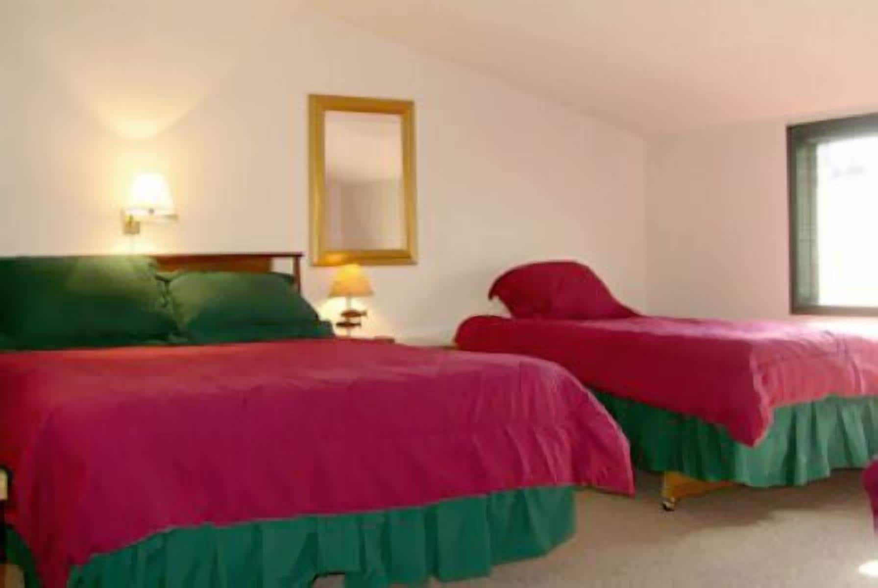 Une chambre avec deux lits, chacun recouvert d’une couvre-lit verte et rose, une table de chevet avec une lampe et un miroir au mur.